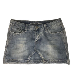 Y2K One Tuff Babe Denim Mini Skirt 9/10 Frayed Hem Low Rise Vintage 2000s